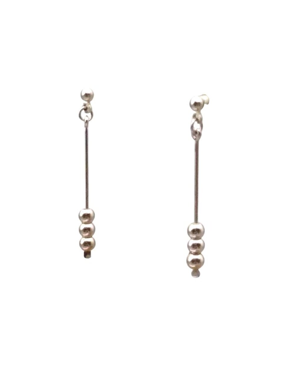 Minimalist Dangle Bar Earrings, Vintage Silver Tone Beaded Drop Studs
